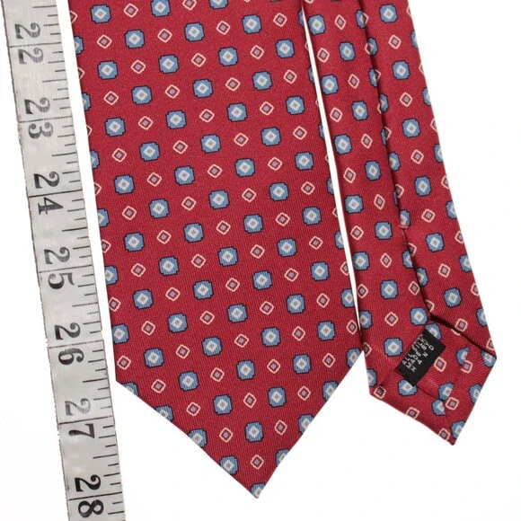 Drake's NWT Neck Tie in Red with Light Blue & White Geometric Pattern 100% Silk